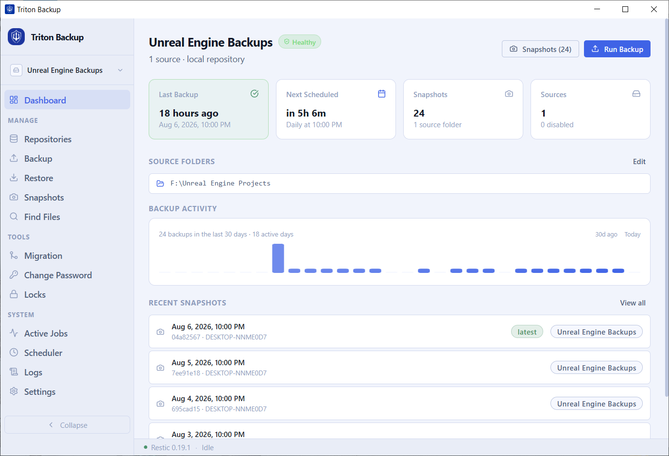 Triton Backup — Dashboard view showing backup health, activity chart, and recent snapshots