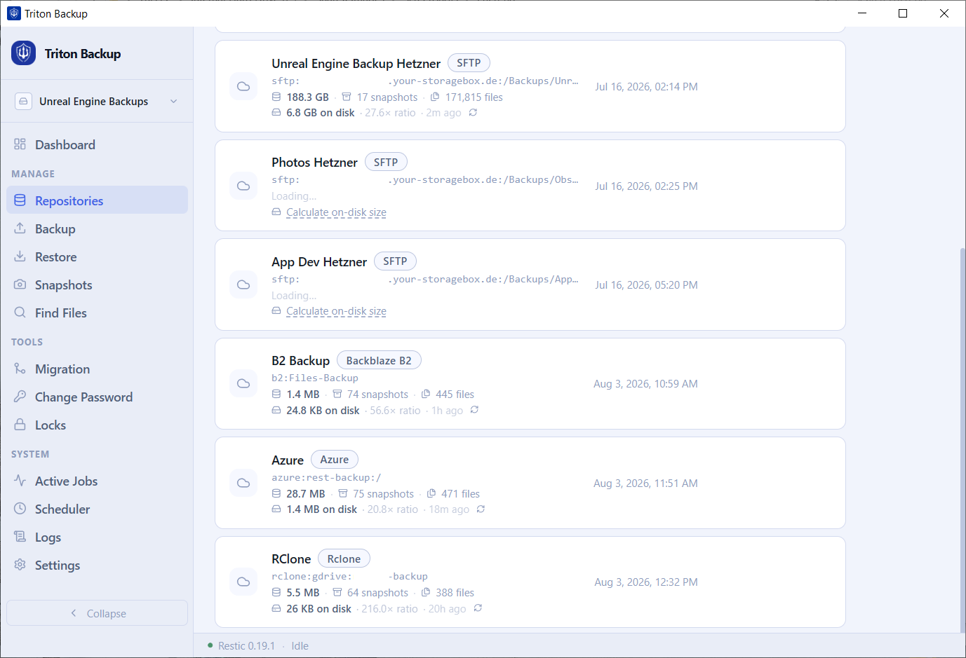 Triton Backup — Repositories list with SFTP, Backblaze B2, Azure, and Rclone backends