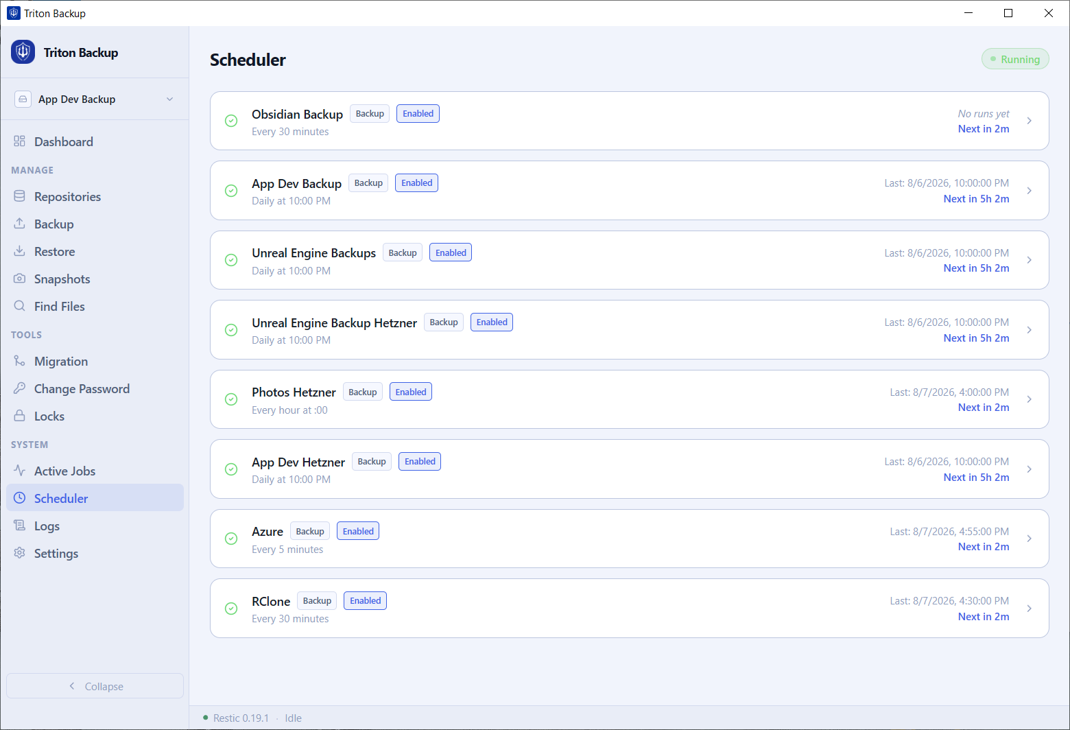 Triton Backup — Scheduler showing multiple backup jobs with next run times