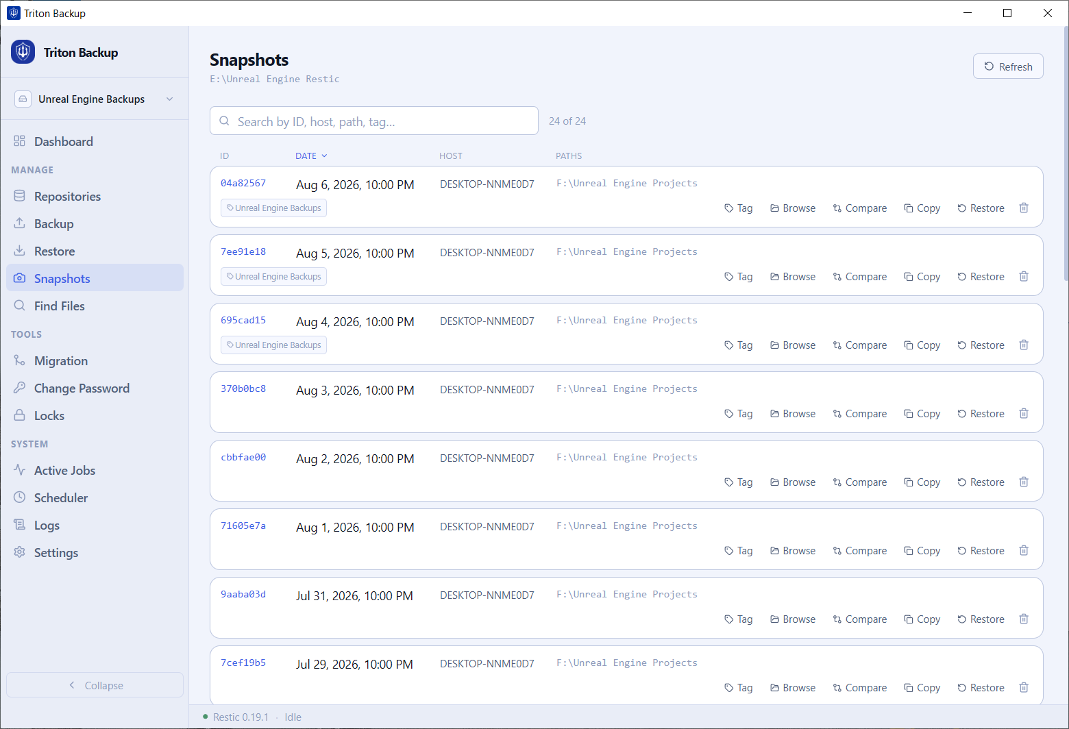 Triton Backup — Snapshots list with browse, compare, copy and restore actions