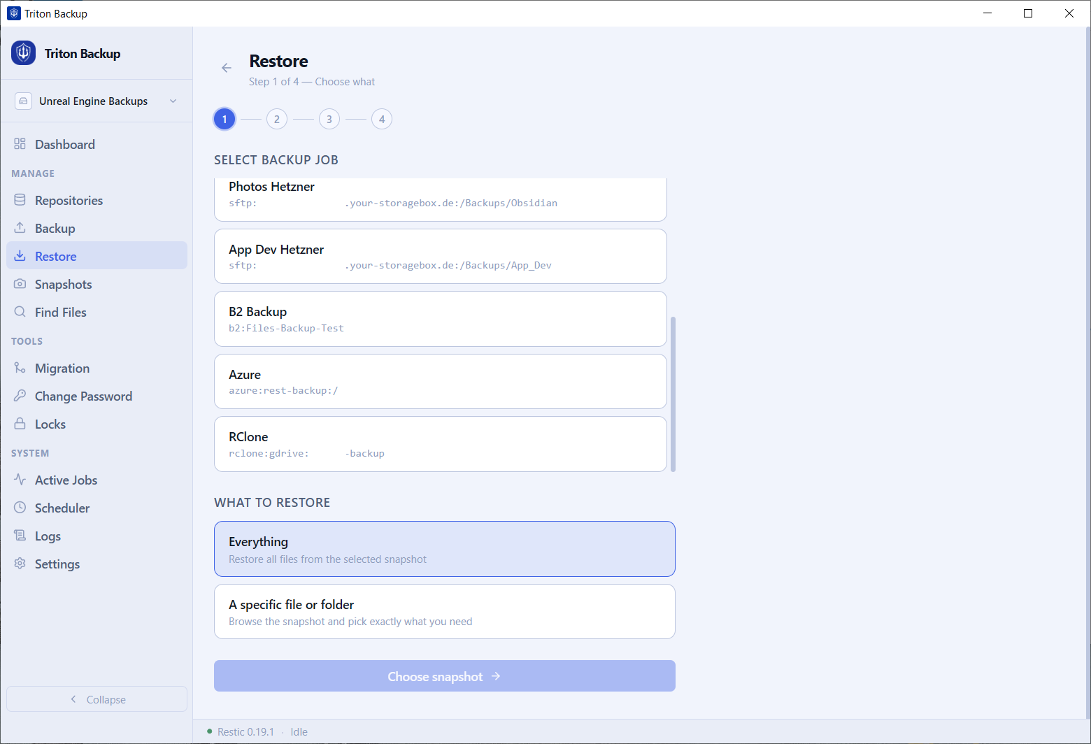Triton Backup — Restore wizard step 1, selecting backup job and restore scope
